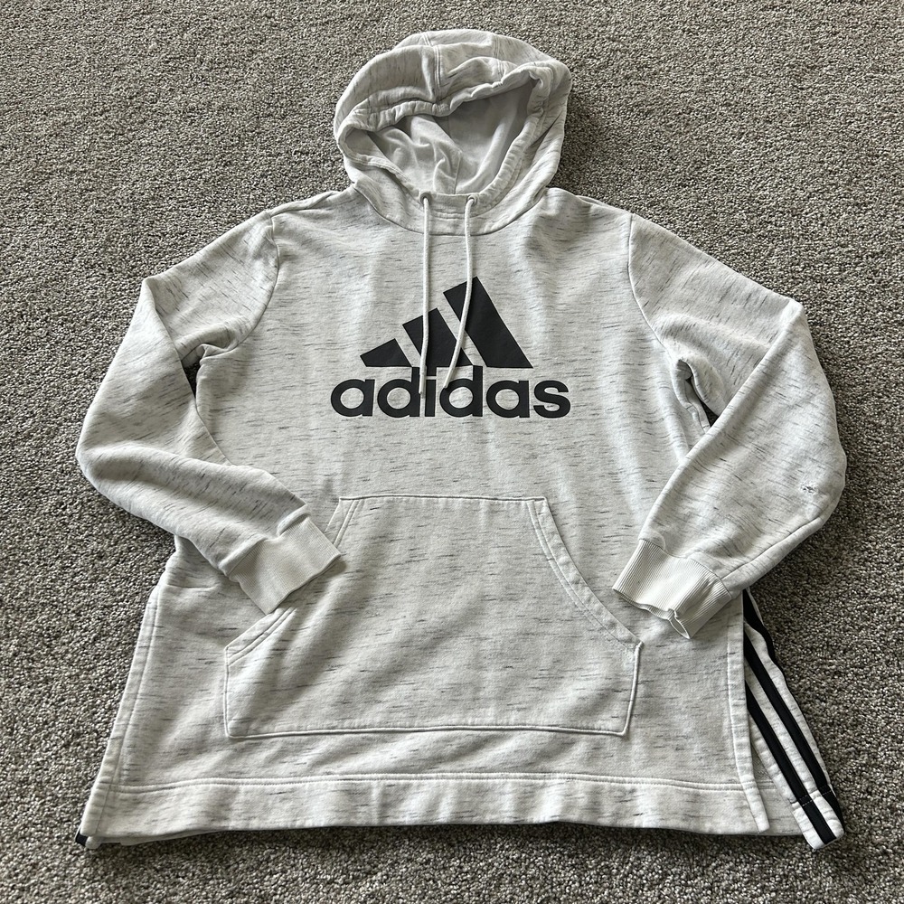 Adidas Hoodie Mens Large Gray Pullover Fleece Sweatshirt Athletic Logo 3 Stripe